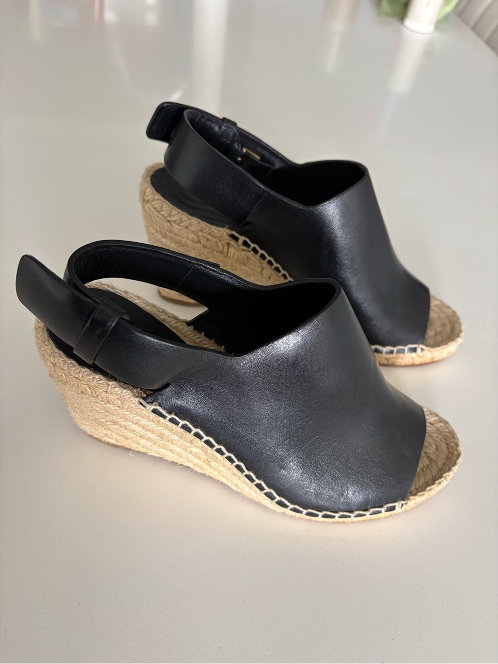 Celine Black Leather Espadrille Wedge Open Toe Sandals EU 37 US 6.5-7